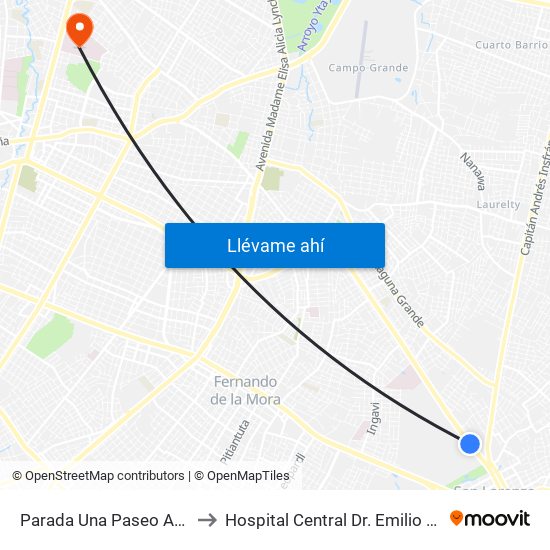 Parada Una Paseo Amelia to Hospital Central Dr. Emilio Cubas map