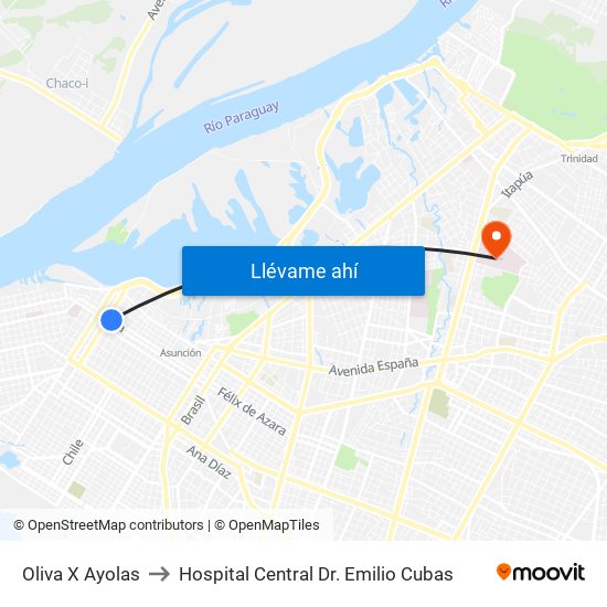 Oliva X Ayolas to Hospital Central Dr. Emilio Cubas map