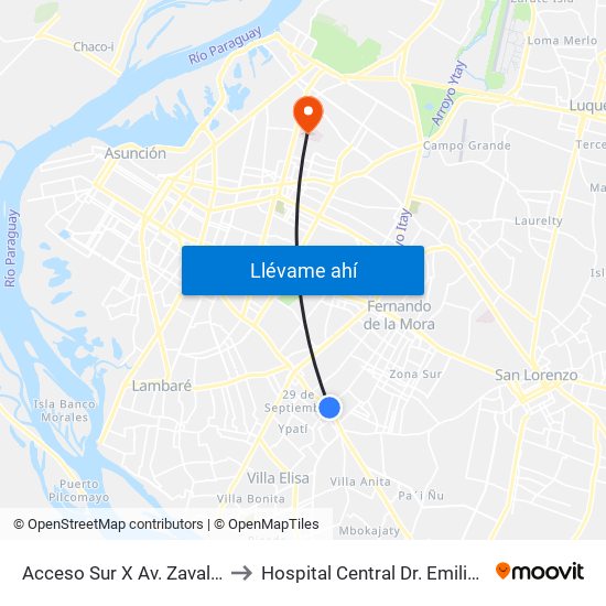 Acceso Sur X Av. Zavalas Cué to Hospital Central Dr. Emilio Cubas map