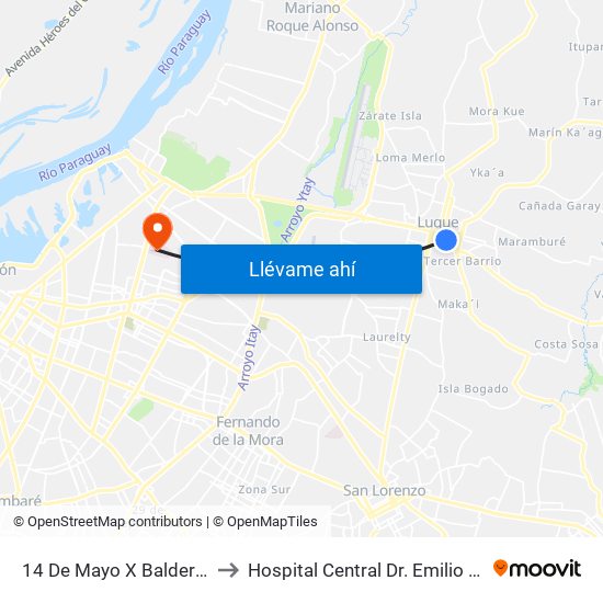 14 De Mayo X Balderrama to Hospital Central Dr. Emilio Cubas map
