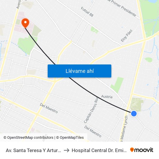 Av. Santa Teresa Y Arturo Pereira to Hospital Central Dr. Emilio Cubas map