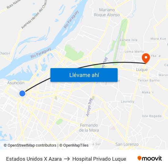 Estados Unidos X Azara to Hospital Privado Luque map