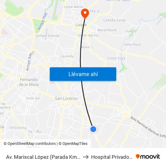 Av. Mariscal López (Parada Km. 17 (1/2)) to Hospital Privado Luque map