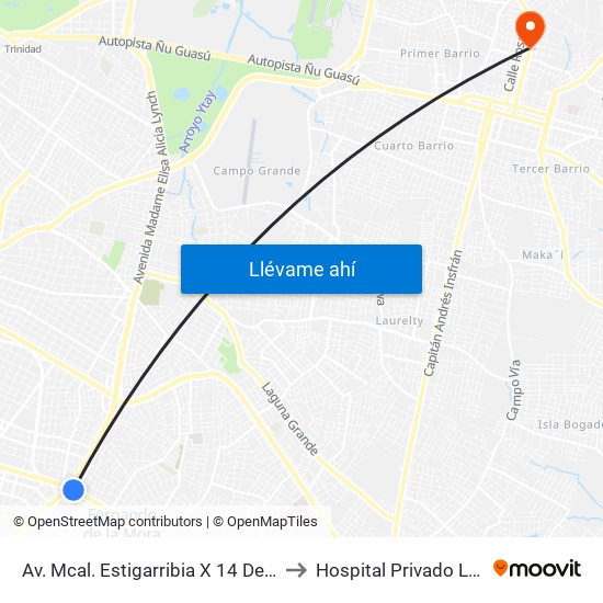 Av. Mcal. Estigarribia X 14 De Mayo to Hospital Privado Luque map