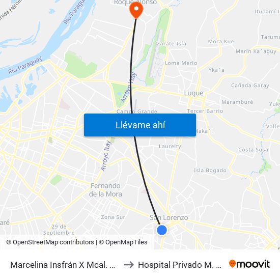 Marcelina Insfrán X Mcal. Estigarribia to Hospital Privado M. R. Alonso map