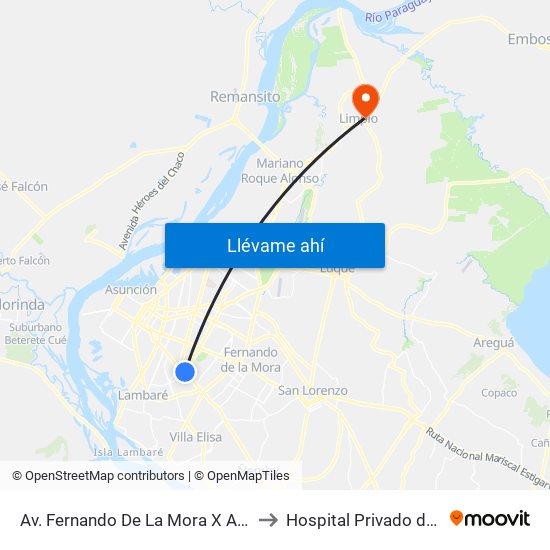 Av. Fernando De La Mora X Av. Argentina to Hospital Privado de Limpio map