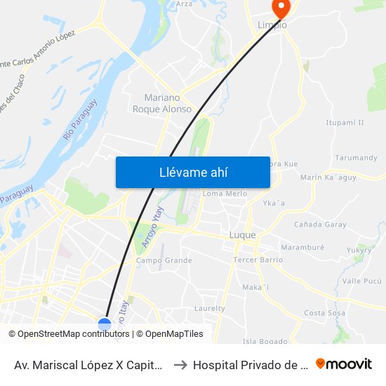 Av. Mariscal López X Capitán Bueno to Hospital Privado de Limpio map