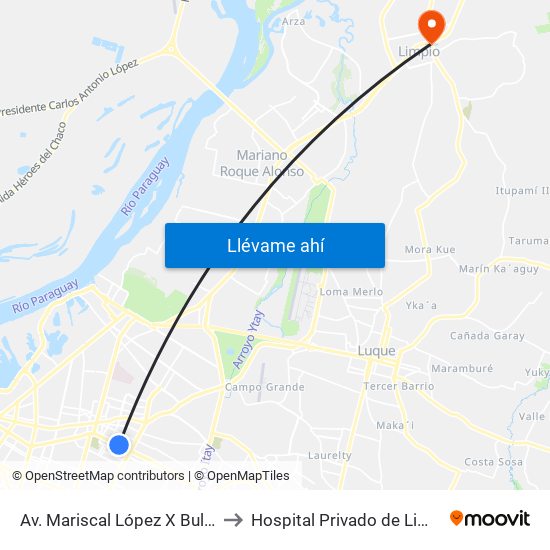 Av. Mariscal López X Bulnes to Hospital Privado de Limpio map
