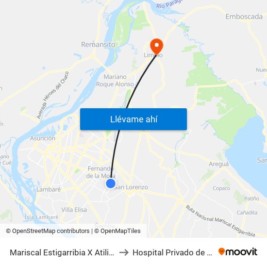 Mariscal Estigarribia X Atilio Galfre to Hospital Privado de Limpio map