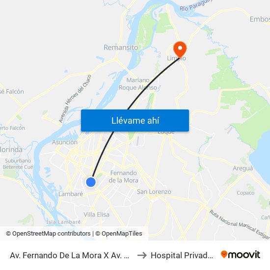 Av. Fernando De La Mora X Av. República Argentina to Hospital Privado de Limpio map