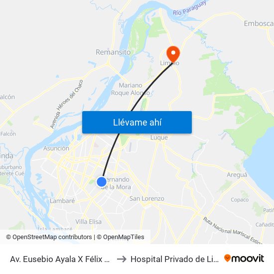 Av. Eusebio Ayala X Félix Lopéz to Hospital Privado de Limpio map