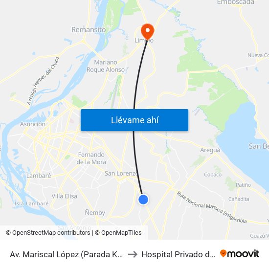 Av. Mariscal López (Parada Km. 17 (1/2)) to Hospital Privado de Limpio map