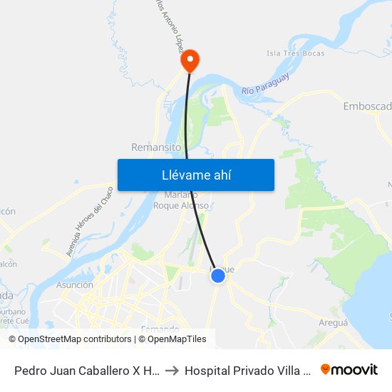 Pedro Juan Caballero X Herrera to Hospital Privado Villa Hayes map