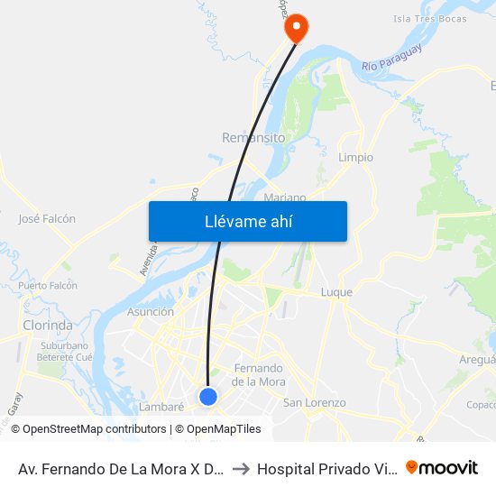 Av. Fernando De La Mora X De La Victoria to Hospital Privado Villa Hayes map