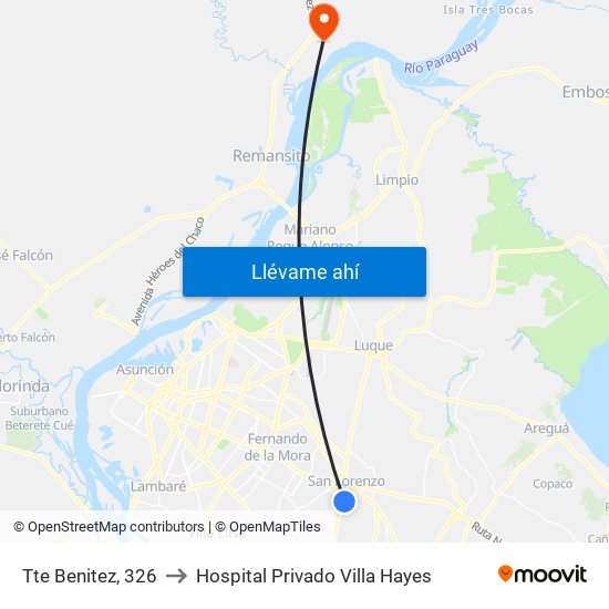 Tte Benitez, 326 to Hospital Privado Villa Hayes map