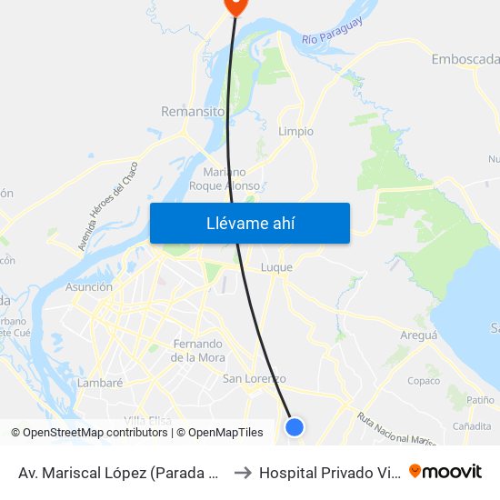 Av. Mariscal López (Parada Km. 17 (1/2)) to Hospital Privado Villa Hayes map