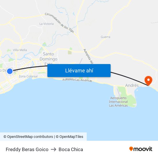 Freddy Beras Goico to Boca Chica map