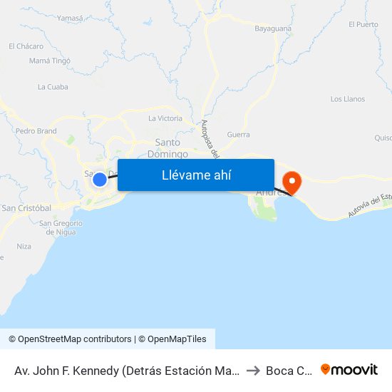 Av. John F. Kennedy (Detrás Estación María Montez) to Boca Chica map