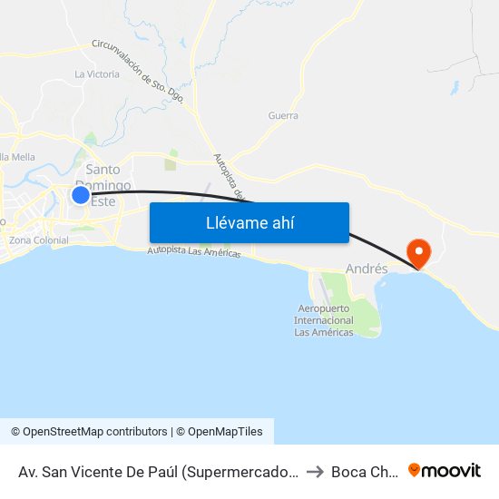 Av. San Vicente De Paúl (Supermercados Olé) to Boca Chica map
