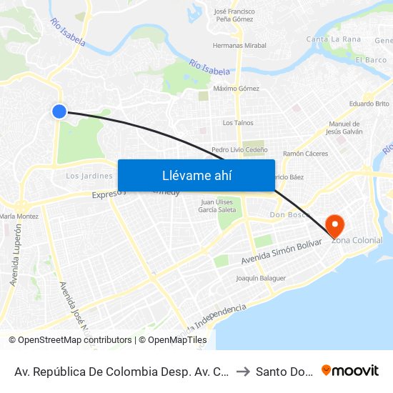 Av. República De Colombia Desp. Av. Carlos Perez Ricart to Santo Domingo map