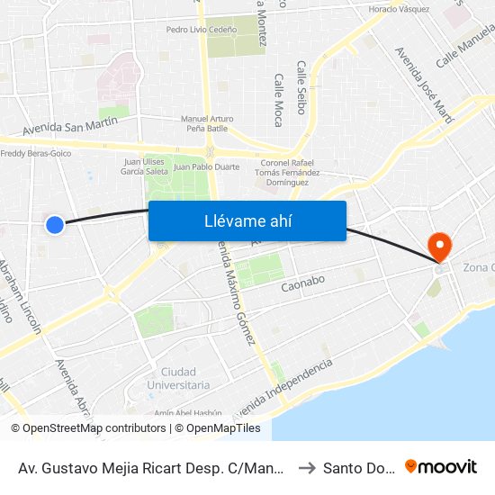 Av. Gustavo Mejia Ricart Desp. C/Manuel De Jesús Goico to Santo Domingo map