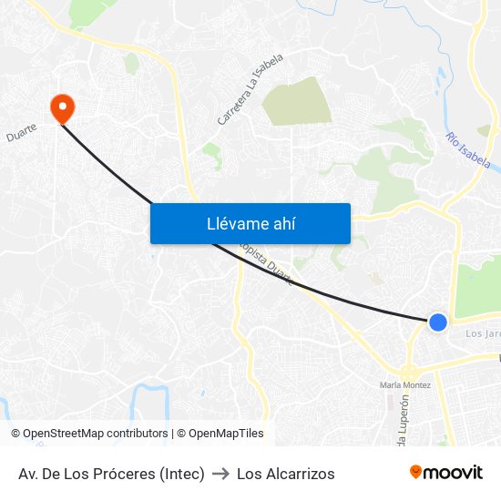 Av. De Los Próceres (Intec) to Los Alcarrizos map