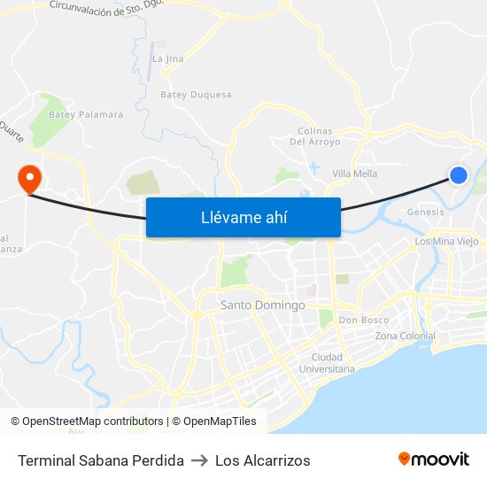 Terminal Sabana Perdida to Los Alcarrizos map