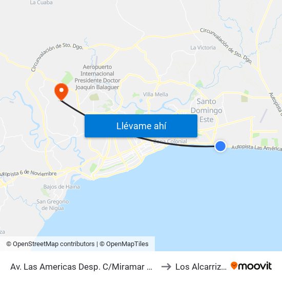 Av. Las Americas Desp. C/Miramar Norte to Los Alcarrizos map