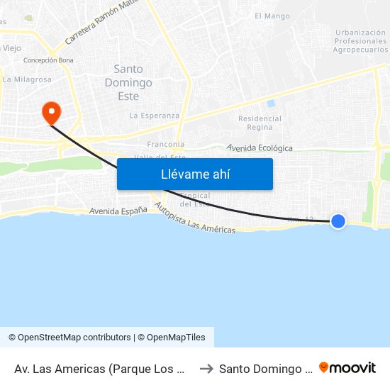 Av. Las Americas (Parque Los Molinos) to Santo Domingo Este map