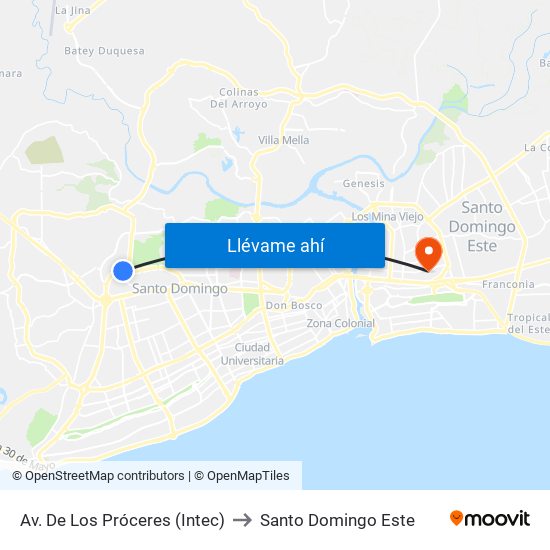 Av. De Los Próceres (Intec) to Santo Domingo Este map