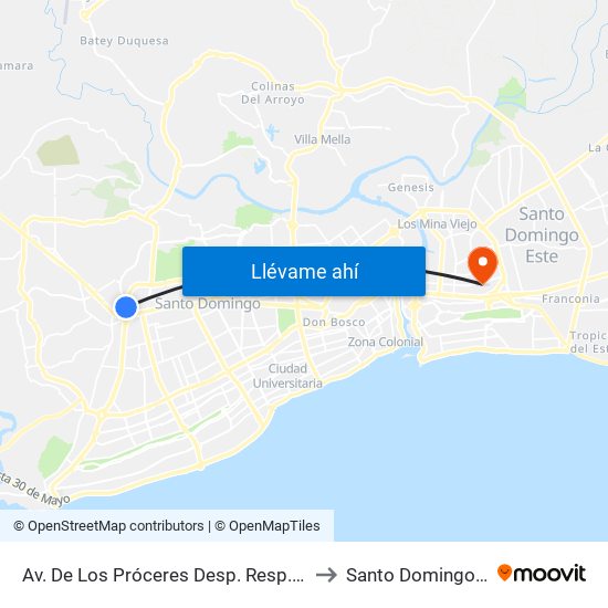 Av. De Los Próceres Desp. Resp. Luperon to Santo Domingo Este map