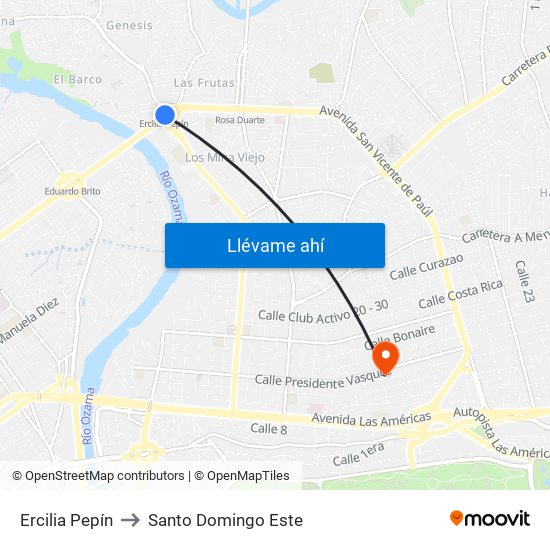 Ercilia Pepín to Santo Domingo Este map