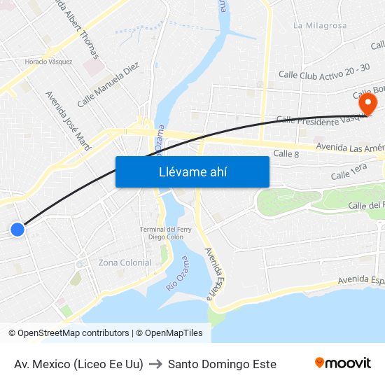 Av. Mexico (Liceo Ee Uu) to Santo Domingo Este map
