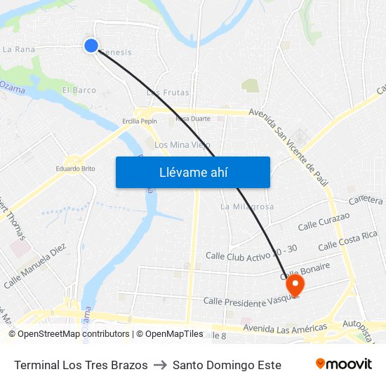 Terminal Los Tres Brazos to Santo Domingo Este map