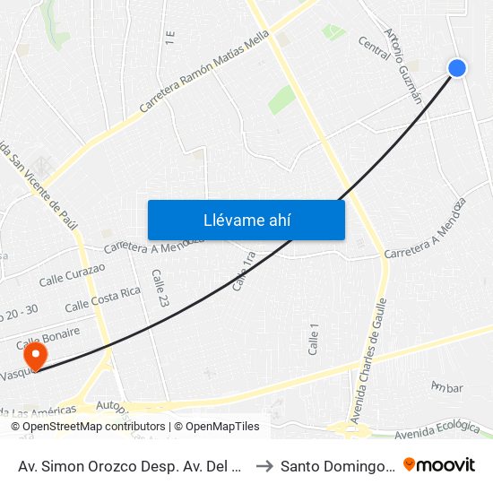 Av. Simon Orozco Desp. Av. Del Progreso to Santo Domingo Este map