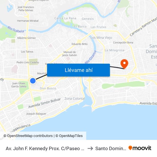 Av. John F. Kennedy Prox. C/Paseo De Los Ferreteros to Santo Domingo Este map