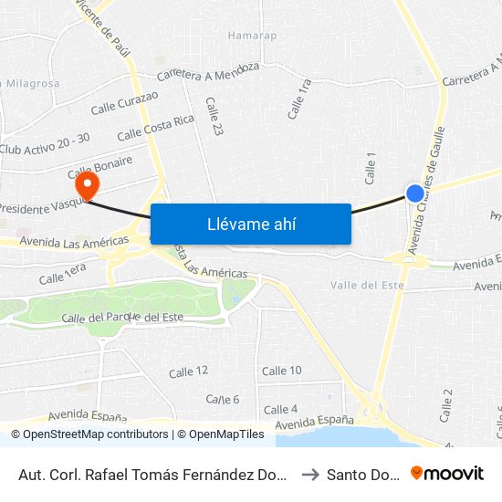 Aut. Corl. Rafael Tomás Fernández Domínguez Desp. Av. Charles De Gaulle to Santo Domingo Este map