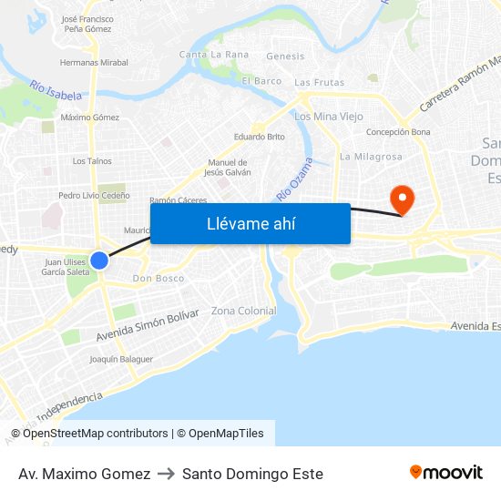 Av. Maximo Gomez to Santo Domingo Este map