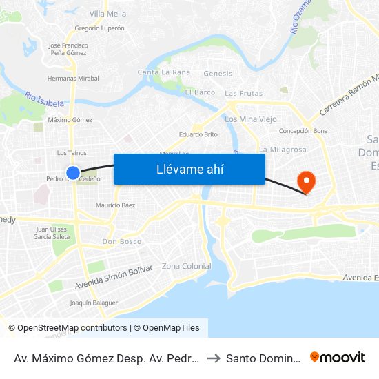 Av. Máximo Gómez Desp. Av. Pedro Livio Cedeño to Santo Domingo Este map