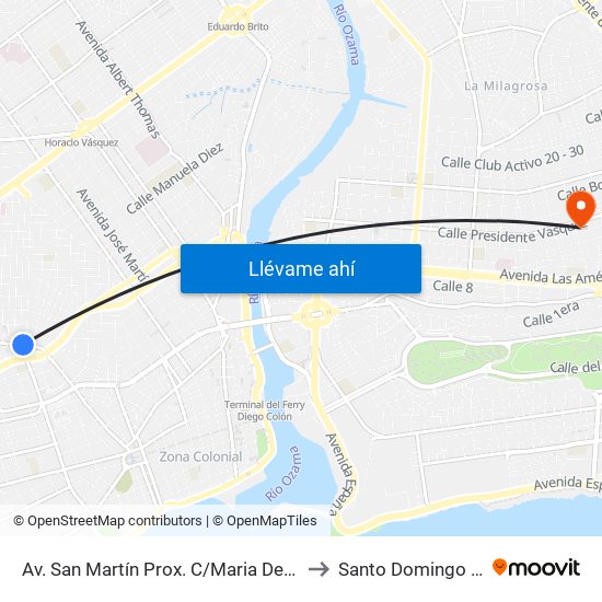 Av. San Martín Prox. C/Maria De Toledo to Santo Domingo Este map