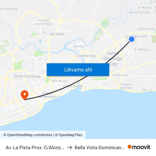 Av. La Pista Prox. C/Alonzo Sanchez to Bella Vista Dominican Republic map
