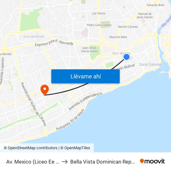 Av. Mexico (Liceo Ee Uu) to Bella Vista Dominican Republic map