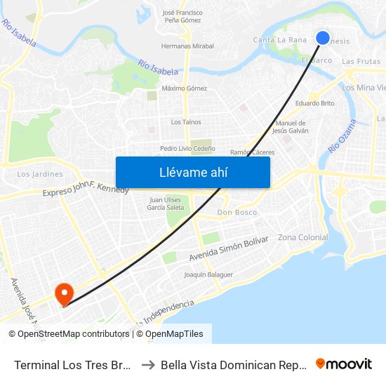 Terminal Los Tres Brazos to Bella Vista Dominican Republic map