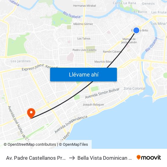 Av. Padre Castellanos Prox. C/16 to Bella Vista Dominican Republic map