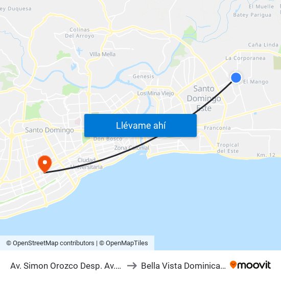 Av. Simon Orozco Desp. Av. Del Progreso to Bella Vista Dominican Republic map