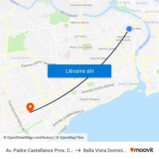 Av. Padre Castellanos Prox. C/Antonio Guzmán to Bella Vista Dominican Republic map