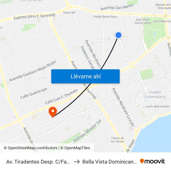 Av. Tiradentes Desp. C/Fantino Falco to Bella Vista Dominican Republic map