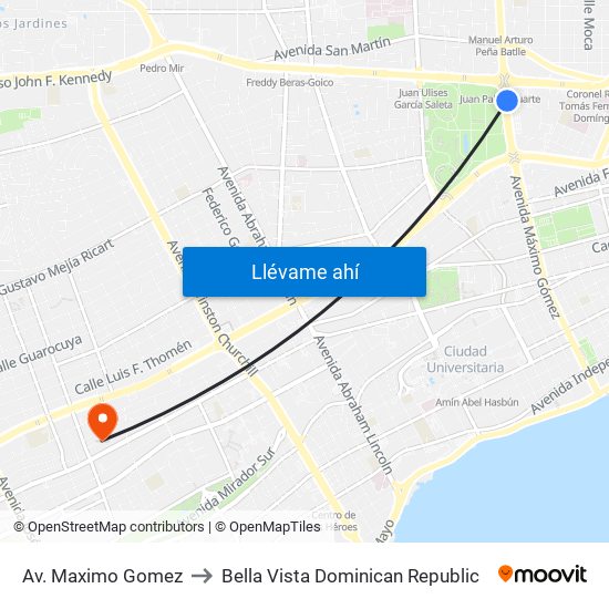 Av. Maximo Gomez to Bella Vista Dominican Republic map