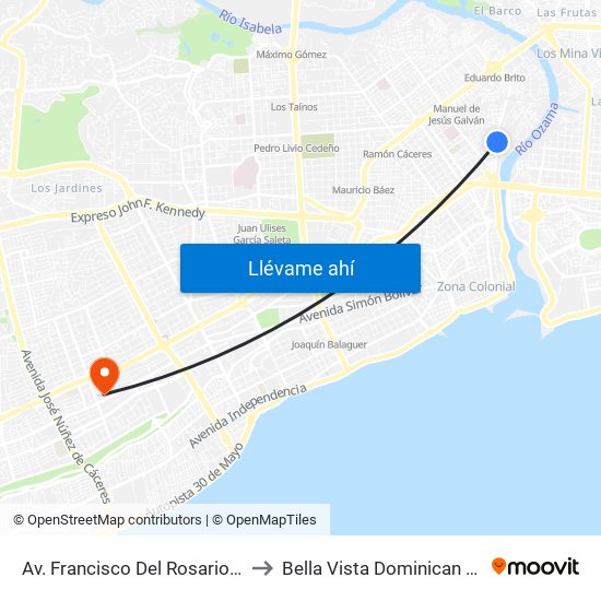Av. Francisco Del Rosario Sanchez to Bella Vista Dominican Republic map