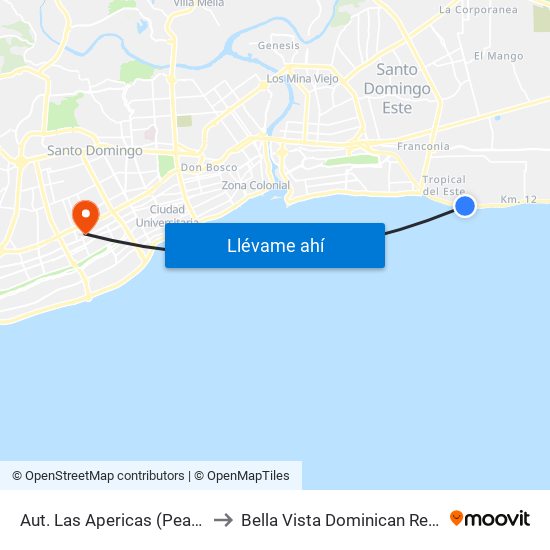 Aut. Las Apericas (Peatonal) to Bella Vista Dominican Republic map